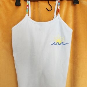 Between Girls Light Blue Tank Top with Embroidered Sun And Beaded Straps